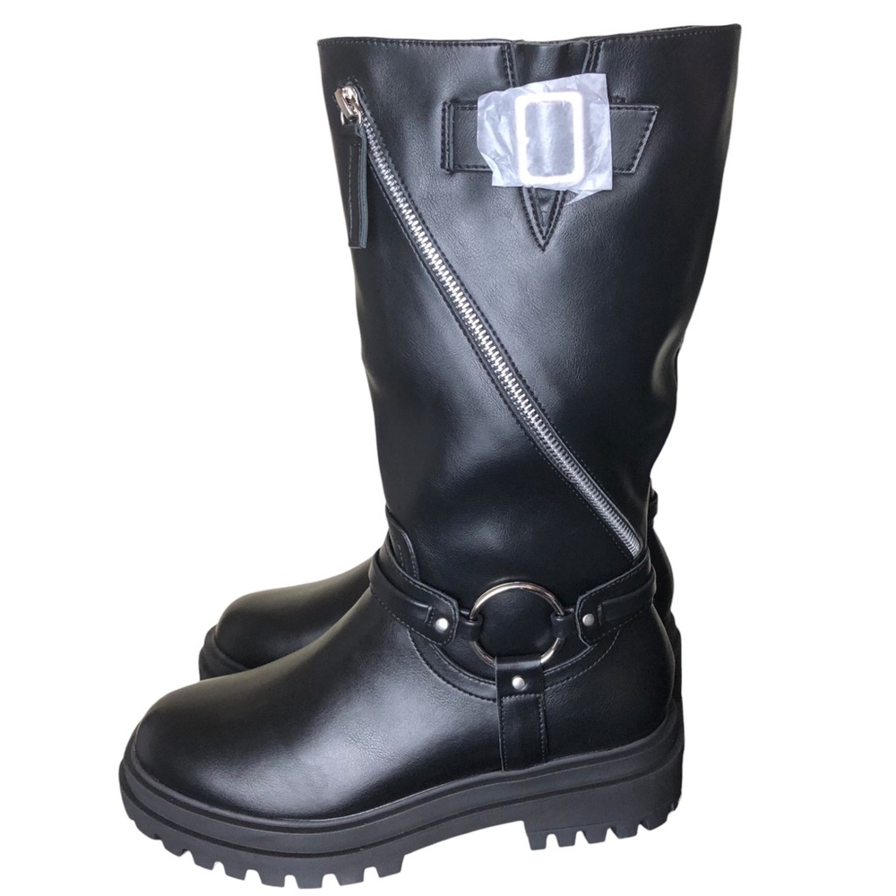 Womens Black Vegan Leather Biker Boots Full Zip Platform Lug Soles Size 9 NEW